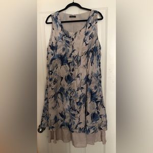 Linen dress. Off white, blue pattern. Two layers. Made in Italy